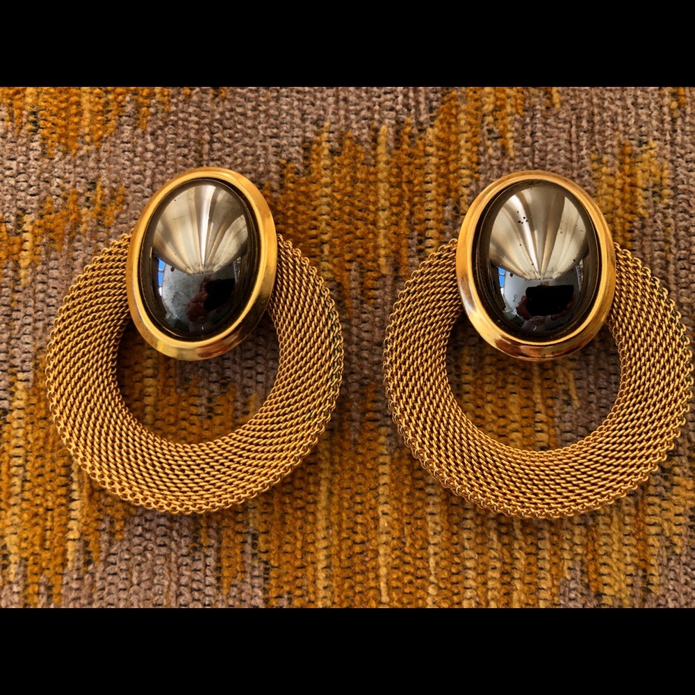 Vintage Cabochon Hoop Gold & Pewter Earrings